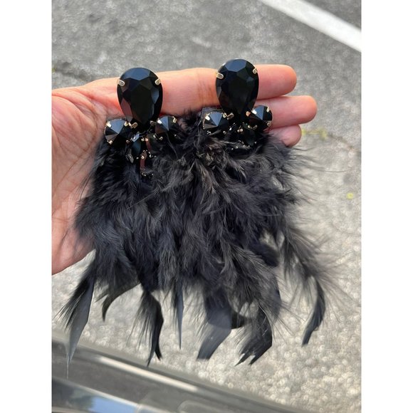 Large black earrings Fur oversized crystal wedding earrings showgirl pageant - Picture 2 of 6